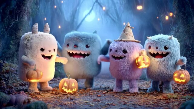 Four whimsical, fluffy creatures celebrating Halloween in a mystical forest at night