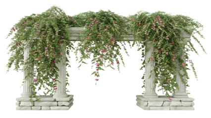 3D Stone Arbor with Green Foliage and Pink Flowers