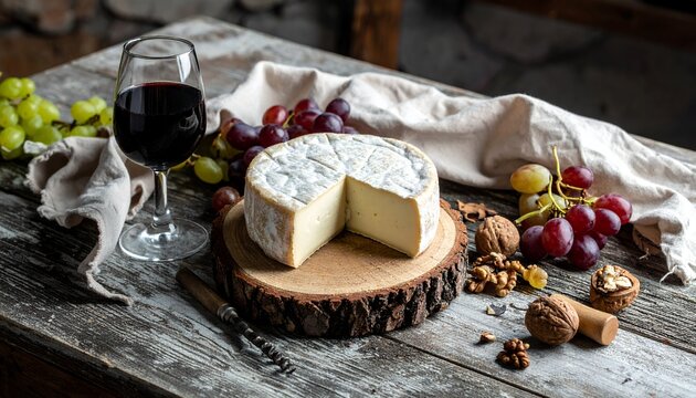 A rustic scene featuring a wheel of cheese, red wine, grapes, and walnuts arranged on a weathered wooden table.