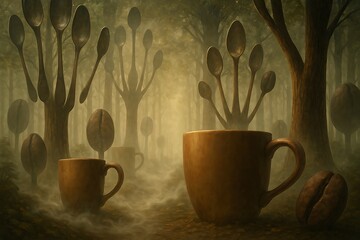 Sunlit Forest with Coffee Mug Generative AI