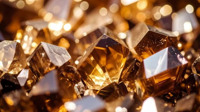 Golden pyrite crystals cluster background with light reflections and faceted mineral surface texture creating a glittering effect.