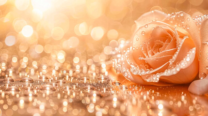 Soft peach rose with water droplets on shimmering background creating a dreamy atmosphere