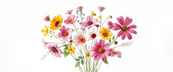 Soft, diffused light illuminates a whimsical, minimalist bouquet of stylized flowers collaged onto a white background, botanical, aesthetic