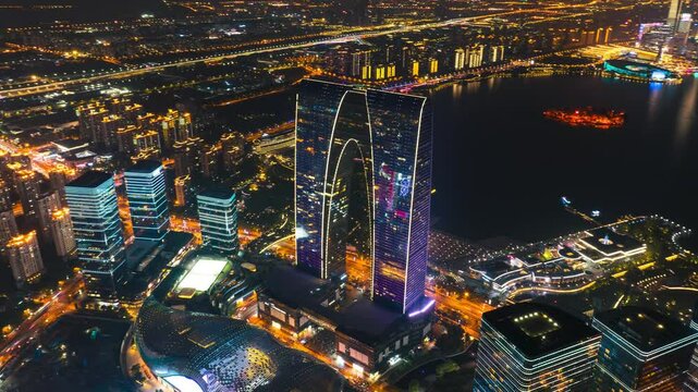 Night aerial photography of the Oriental Gate in Suzhou, China