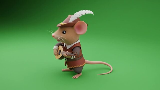 Medieval Mouse Musician Playing Lute 3D Render Green Screen