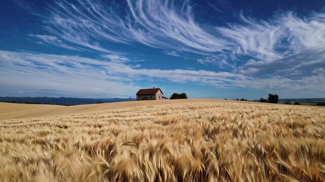 Golden wheat fields sway under a vibrant sky with rolling clouds in the countryside landscape