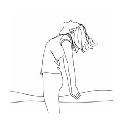 A simple black and white line art illustration of a girl leaning backwards outdoors