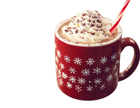 Hot chocolate in a red snowflake mug with whipped cream, chocolate shavings, and candy cane; transparent background