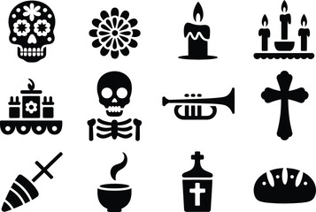 Day of the dead dia de los muertos icons vector illustration sugar skull flower candle cross trumpet bread editable stock vector illustration