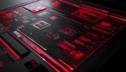 Close-up view of a futuristic circuit board with glowing red accents.