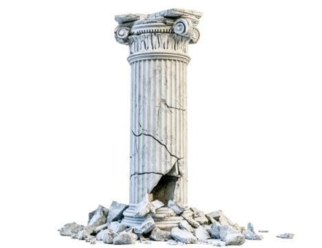 Broken Classical Column with Debris, Isolated on Transparent Background, Showing Ruins and Destruction