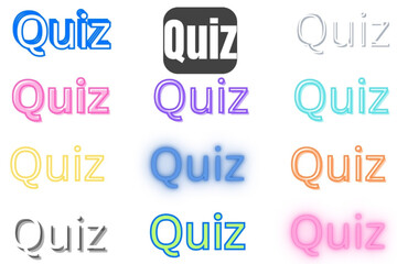  12 stylized 'quiz' text designs in various colors and effects