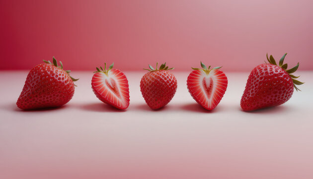 Fresh strawberries on pink background with whole and cut berries showing juicy flesh and seeds in elegant minimalist row arrangement