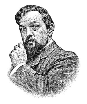 Portrait of French composer Claude Debussy in vintage stipple engraving style isolated on transparent background
