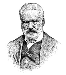 Portrait of French author and playwright Victor Hugo in vintage stipple engraving style isolated on transparent background