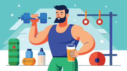 Illustrated Man Lifting Dumbbell and Holding Juice in Gym with Fitness Equipment