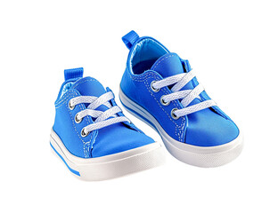 Pair of bright blue children's canvas sneakers with white laces, isolated on transparent background, showcasing casual footwear for kids.