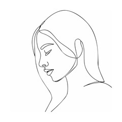Elegant continuous line drawing of a woman's face with long flowing hair looking downward