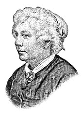 Portrait of American women’s rights activist Elizabeth Cady Stanton in vintage stipple engraving style isolated on transparent background