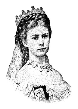 Portrait of Empress Elisabeth of Austria in vintage stipple engraving style isolated on transparent background