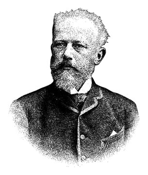 Portrait of Russian composer Pyotr Ilyich Tchaikovsky in vintage stipple engraving style isolated on transparent background
