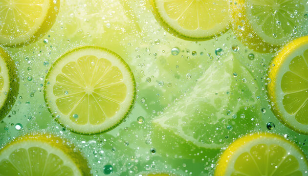 Fresh citrus lime slices floating in sparkling green water with bubbles, bright refreshing summer drink with citrus fruit
