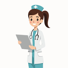 Fototapeta premium Flat nurse with tablet – cartoon female healthcare staff working