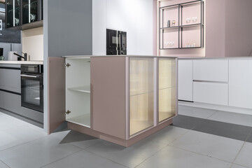 stylish modern built-in kitchen with upper and lower cabinets, drawers, shelves. kitchen facades...
