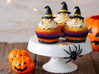 Delicious halloween witch cupcakes with festive sprinkles and decorative pumpkin decorations