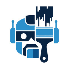 A stylized robot head being painted with a brush, showing artistic creation.