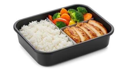 Bento Box with White Rice Teriyaki Chicken and Steamed Vegetables in Black Tray in a White Background