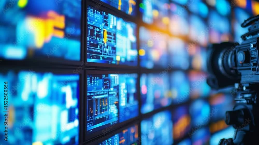 Poster camera focuses on multiple screens displaying data visualizations and analytics