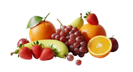 Fresh and Vibrant Fruit Selection with Strawberries, Bananas, Grapes, and Oranges
