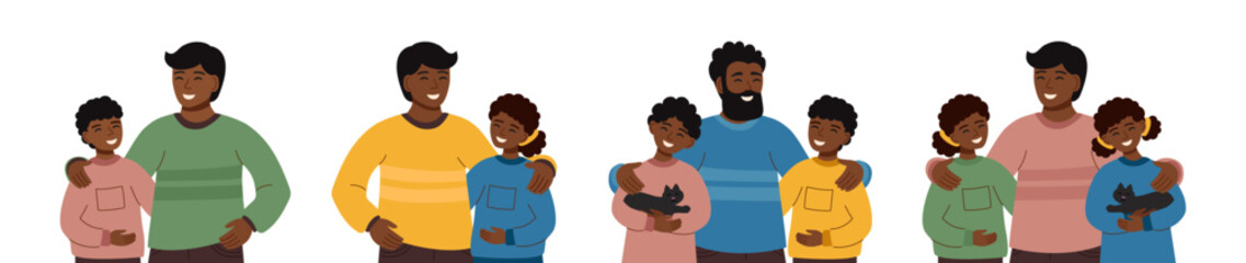 Set of fathers day cliparts. Father and children. Concept of family, holiday celebration. Vector hand drawn template.