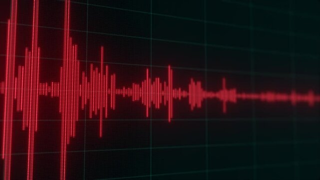 Digital Voice Recording Waveform: Surveillance, Wiretapping, and Eavesdropping Audio Analysis. Red Sound Waves on Dark Grid for Audio Monitoring, Spying, Security, and Intelligence Operations