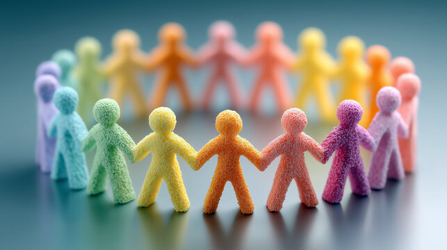 Colorful human figures holding hands in a circle on a grey background, symbolizing the unity and diversity of people with various textures and colors 