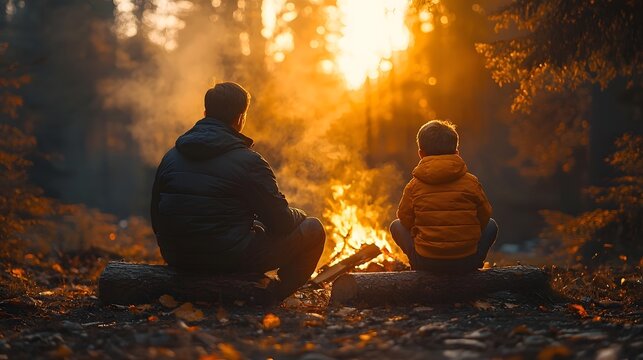 Father and son sharing a peaceful moment by the campfire in the forest at sunset