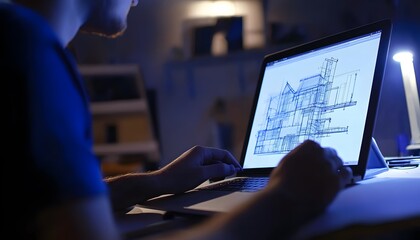 Person working on architectural blueprints on a laptop at night.