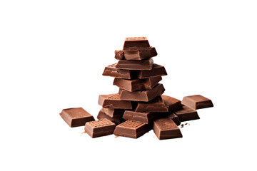 A stack of milk chocolate pieces, broken and scattered, delicious treat. background removed