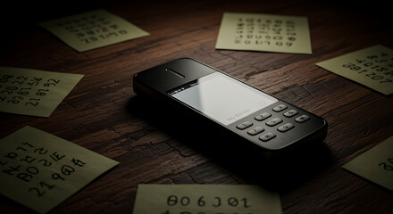 A dramatic, high-angle shot captures a simple, untraceable burner phone lying on a dark wooden table