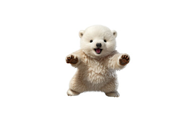 Adorable polar bear cub, fluffy fur, open mouth, paws outstretched, playful, happy expression. background removed