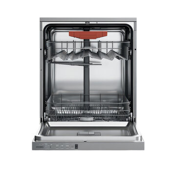 Dishwasher cleaning appliance open interior rack shelves water jet on transparent background