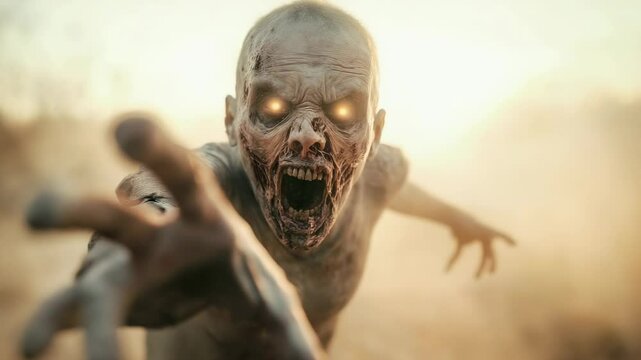 Decaying zombie with glowing eyes menacingly extending hand through hazy, desolate wasteland, embodying post apocalyptic horror and imminent danger lurking within devastated landscape