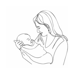 A tender line art depiction of a mother holding her newborn baby in her arms
