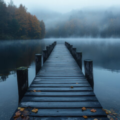 Naklejka premium Dock extending over tranquil lake waters.
