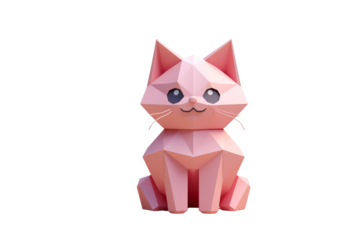 Adorable pink polygonal cat sitting, low-poly 3D render. background removed