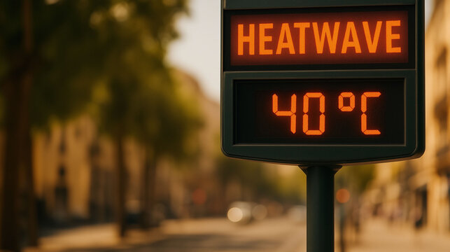 Heatwave warning sign on urban street displaying 40°C temperature highlighting extreme hot weather alert and summer climate risk