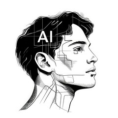 Black and white sketch of a young man with short dark hair. The design includes geometric patterns and the letters 'AI' integrated into the profile.