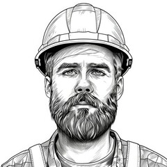Black and white sketch of a bearded Caucasian man wearing a hard hat. He has short hair and a serious expression, dressed in a checkered shirt.