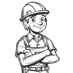 A simple black and white sketch of a young construction worker in a helmet and overalls, smiling with his arms crossed. The drawing emphasizes the construction theme.